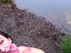 European mom Karyn Bayres gives a public BJ and swallows cum in the great outdoors