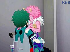 Izuku Midoriya geniet van een intens triootje met Mina Ashido en Momo Yaoyorozu in de hentai My Hero Academia