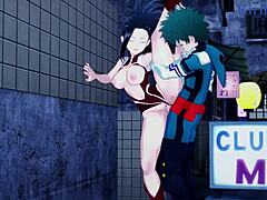 Mina Ashido, Momo Yaoyorozu och Izuku Midoriya engagerar sig i en intensiv trekant i My Hero Academia hentai